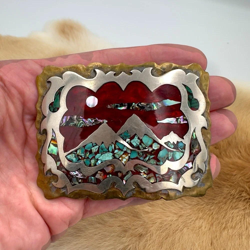VTG Southwestern Mountain Landscape Turquoise Abalone Chip Inlay Belt Buckle